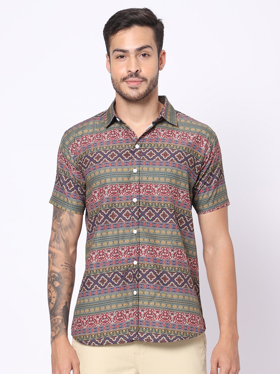 

N AND J Ethnic Motifs Printed Classic Casual Shirt, Beige