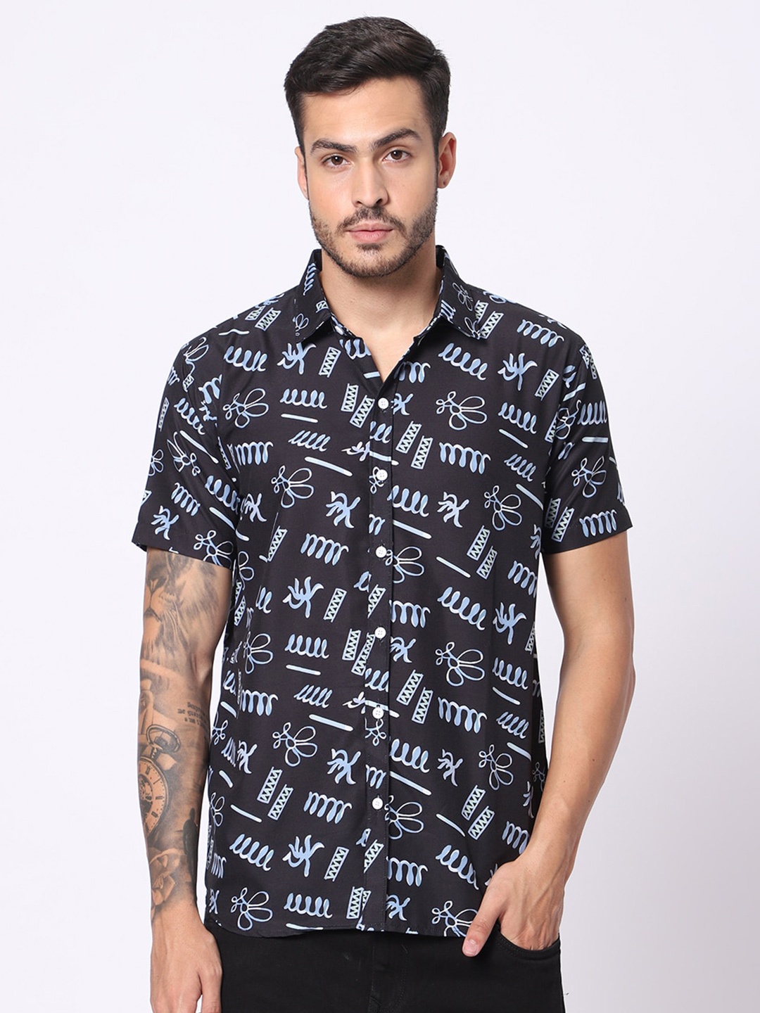 

N AND J Conversational Printed Classic Casual Shirt, Black