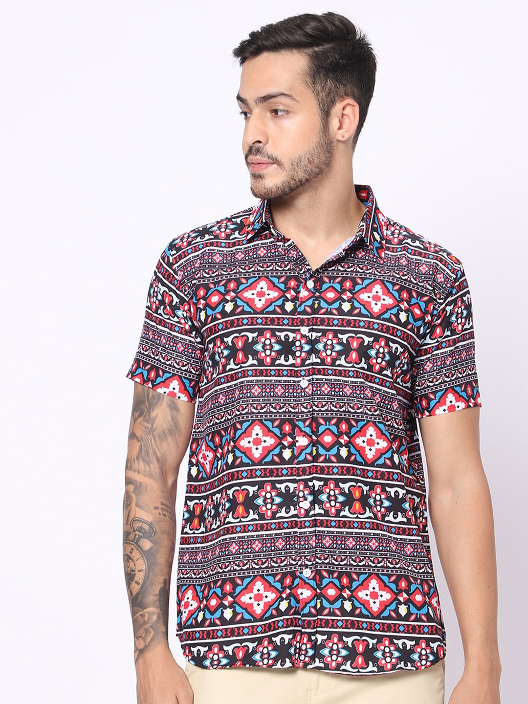

N AND J Ethnic Motifs Printed Classic Casual Shirt, Black