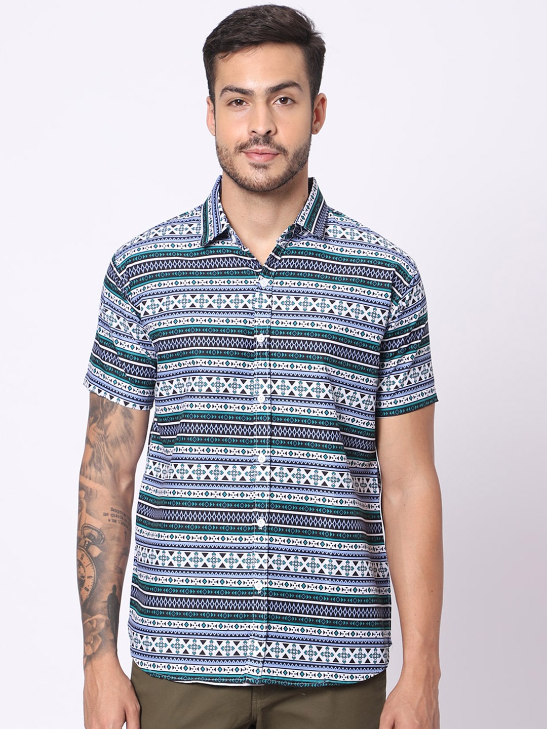 

N AND J Geometric Printed Classic Casual Shirt, Black