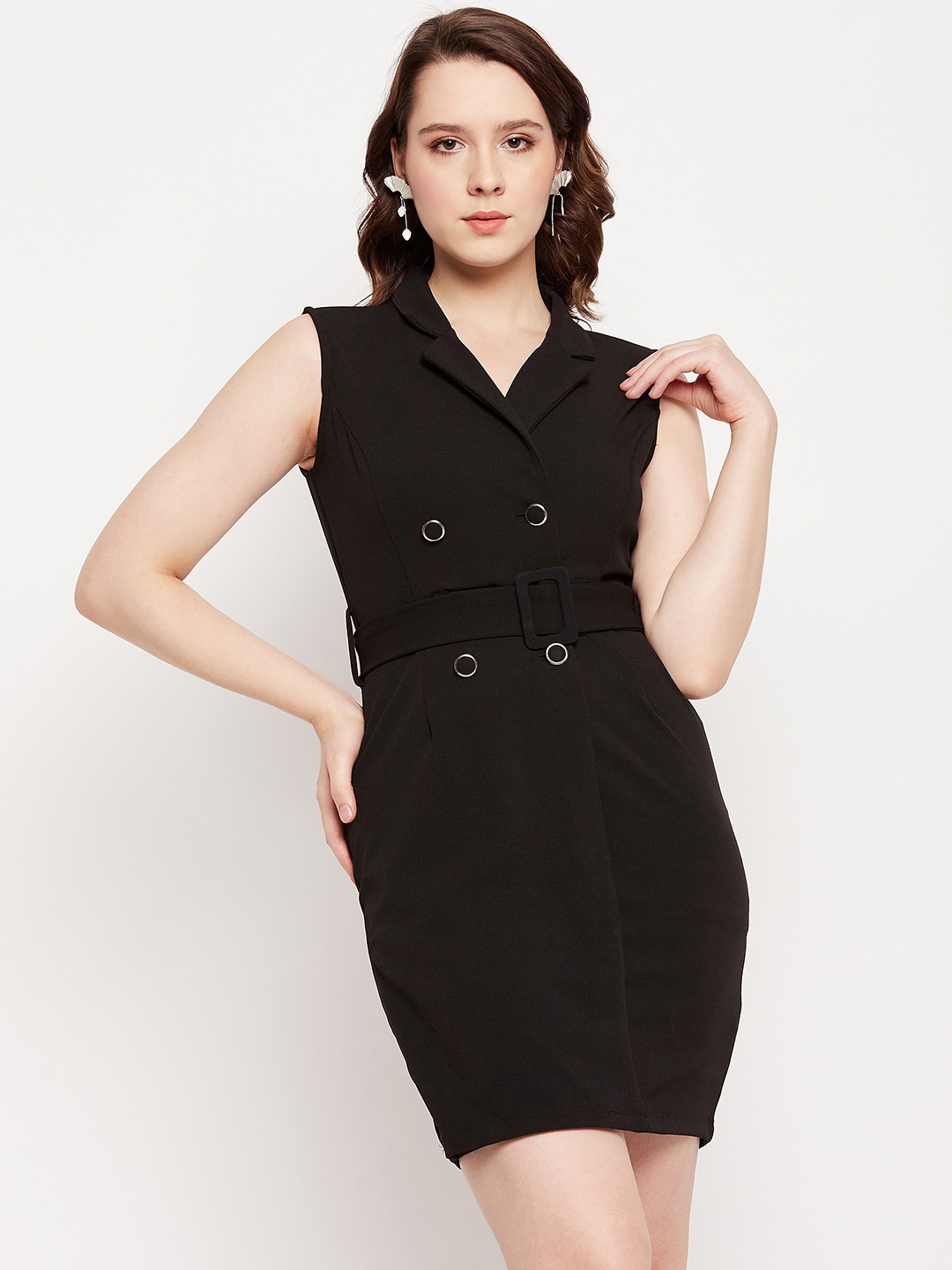 

Madame Shirt Collar Sleeveless Sheath Dress, Black
