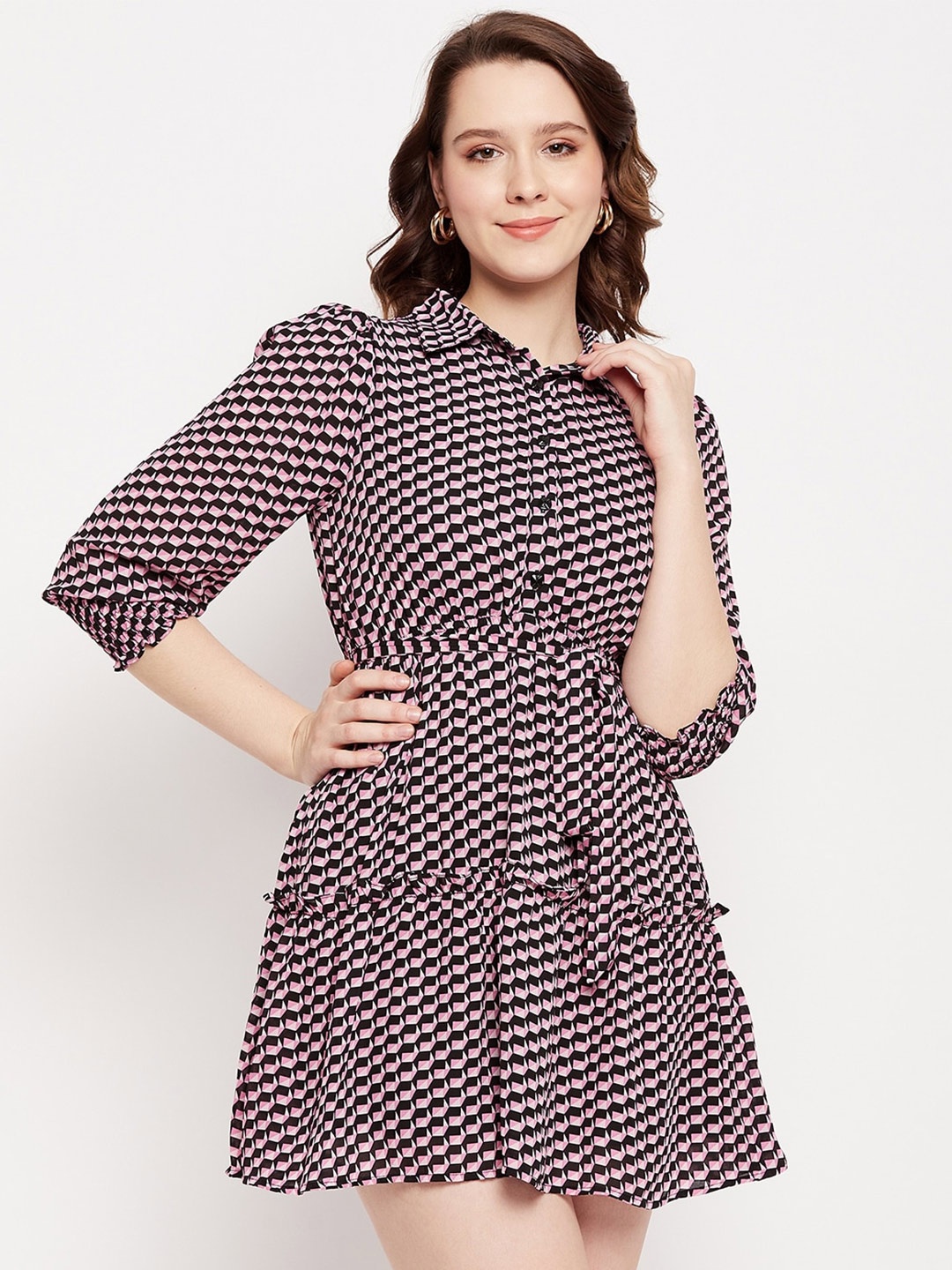 

Madame Polka Dot Printed Shirt Collar Layered Detail Flared Shirt Dress, Pink