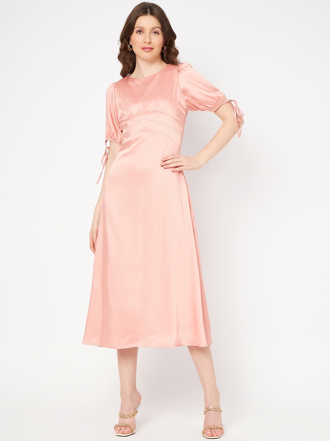 

Madame High Neck Tie Ups Detail Fit & Flare Midi Dress, Peach