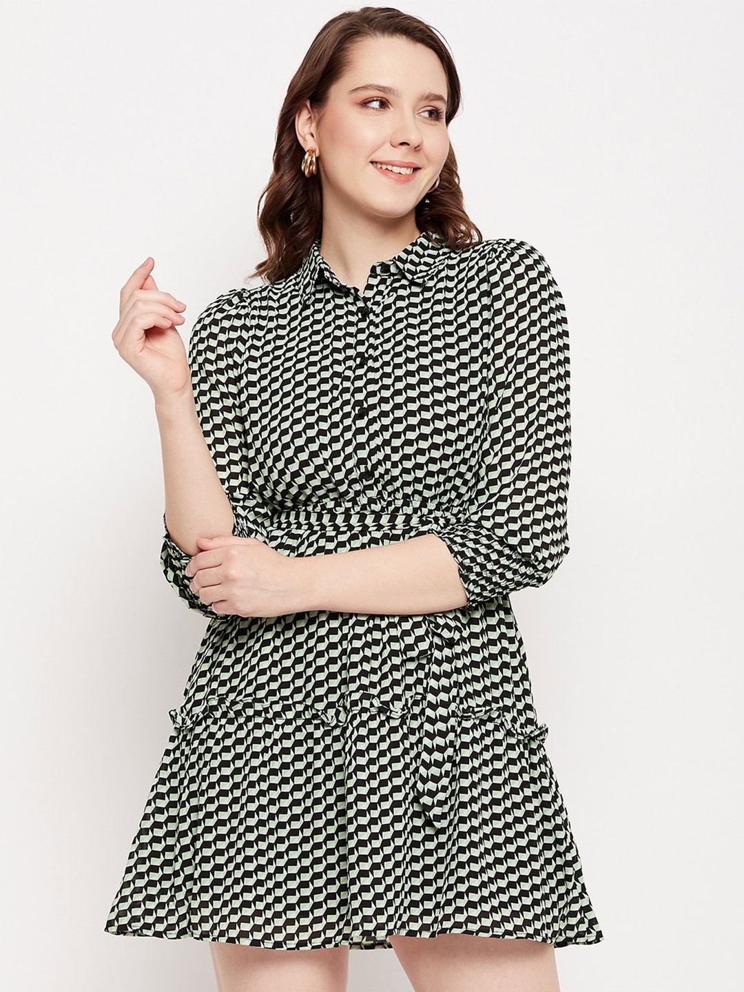 

Madame Polka Dot Printed Shirt Collar Layered Detail Flared Shirt Dress, Green
