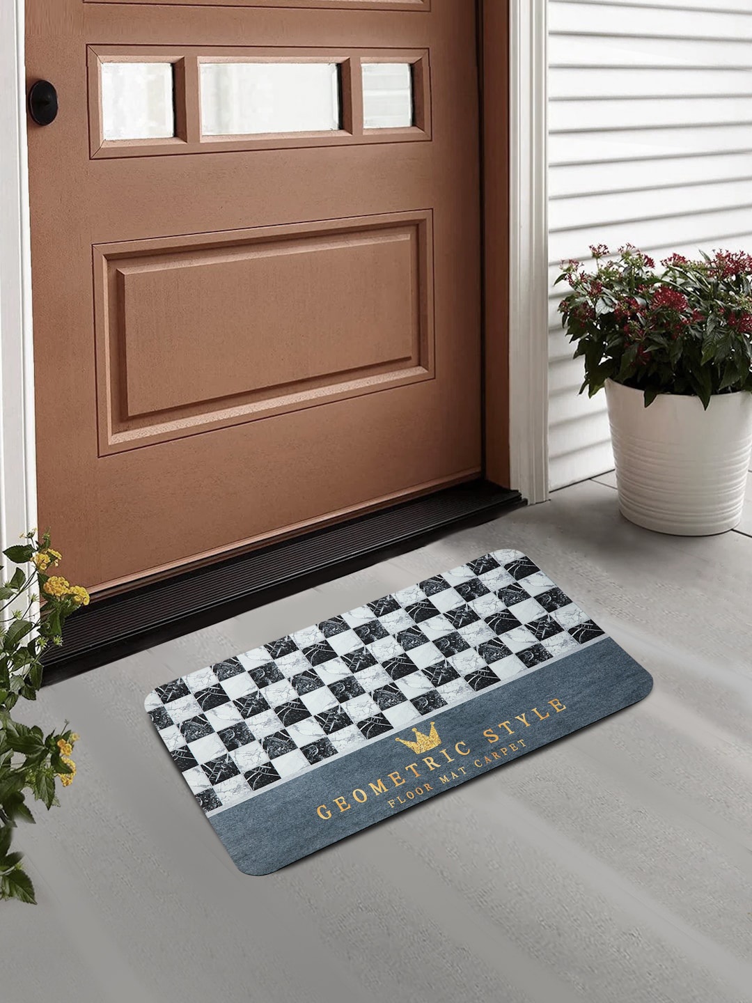 

FABINALIV Blue Printed Anti-Skid Doormat, White