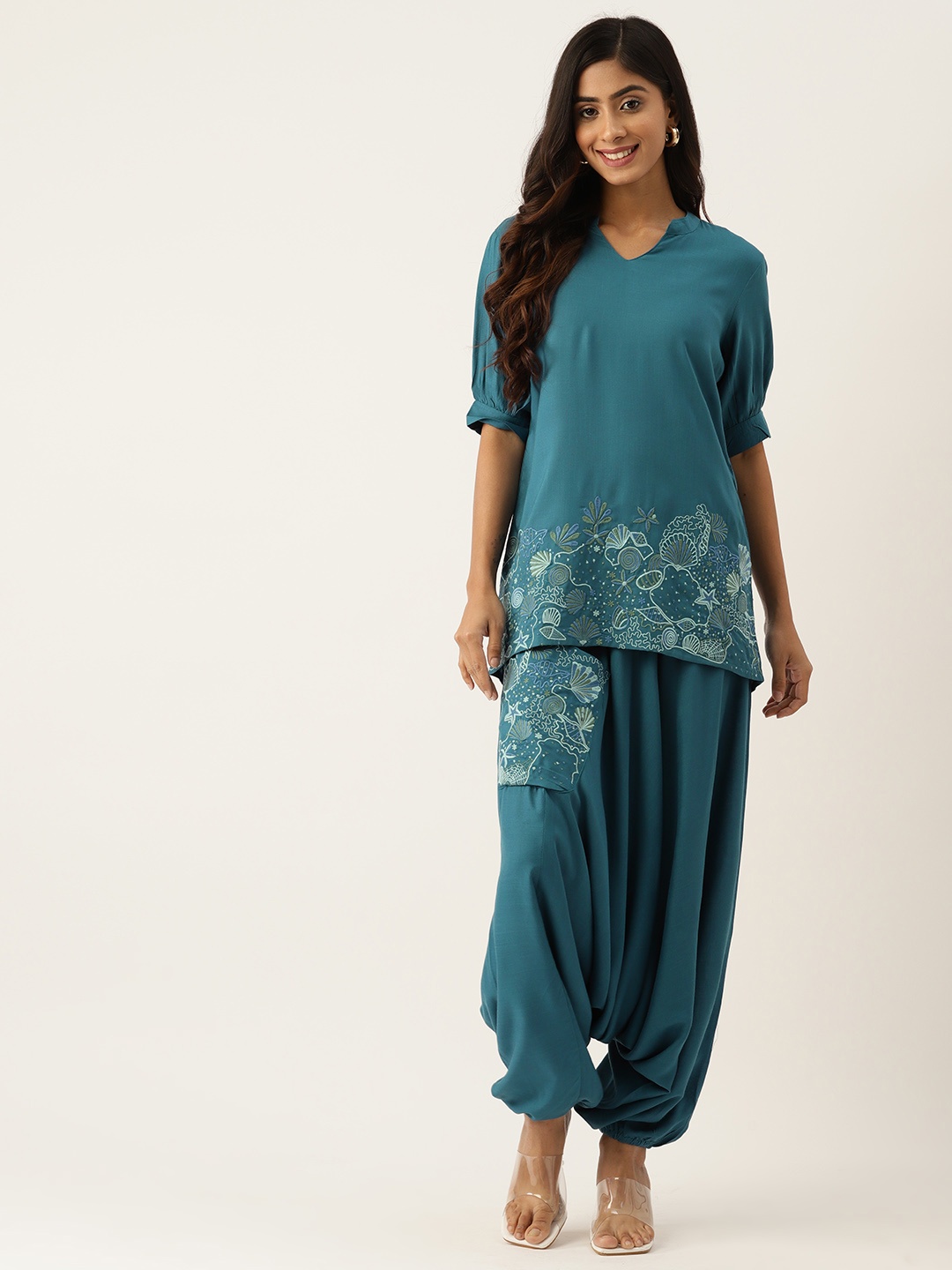

MISRI Women Floral Embroidered Tunic with Palazzos, Turquoise blue