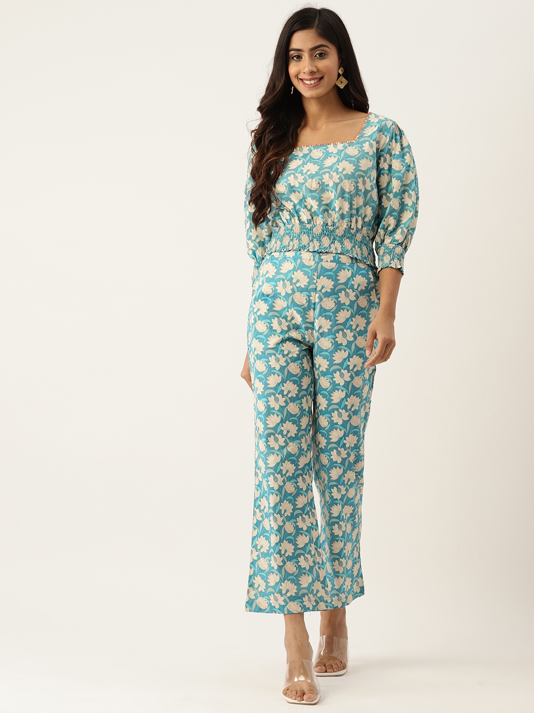 

MISRI Women Floral Printed Top with Trousers, Turquoise blue