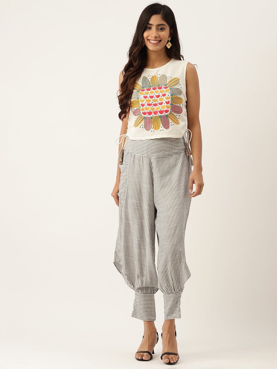 

MISRI Women Embroidered Cotton Top with Trousers, Grey
