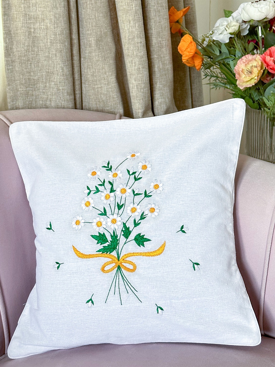

BandBox White & Green Bouquet Of Flowers Embroidered Square Cotton Cushion Cover