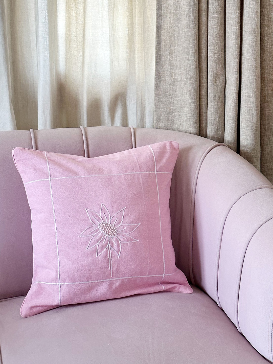 

BandBox Pink & White Embroidered Square Cotton Cushion Cover