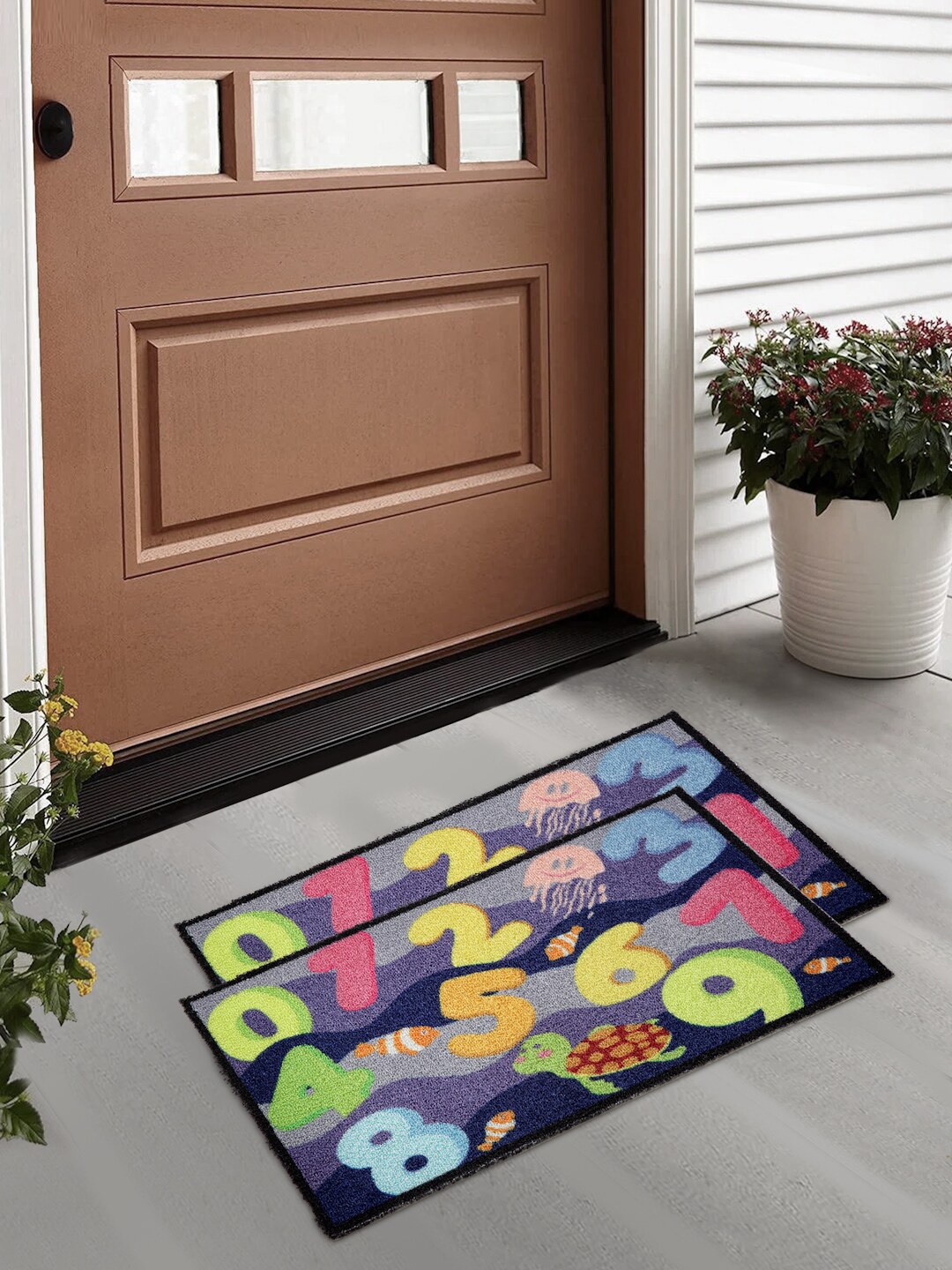 

FABINALIV Blue & Green 2-Pieces Graphic Printed Anti-Skid Door Mat