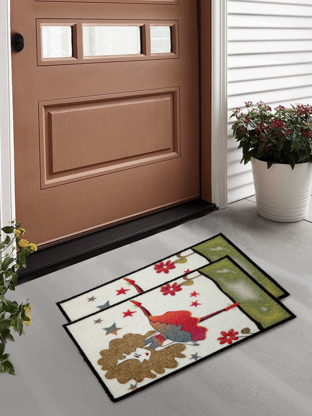 

FABINALIV White & Green 2-Pieces Graphic Printed Anti-Skid Door Mat