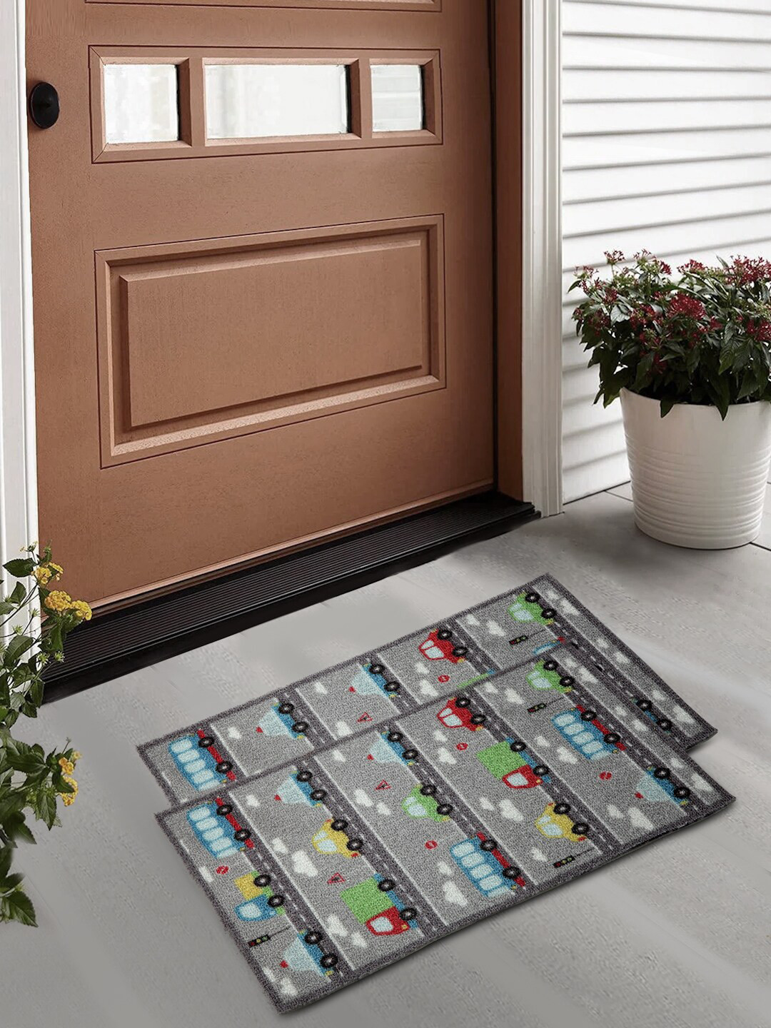 

FABINALIV Blue & Grey 2-Pieces Printed Anti-Skid Door Mat
