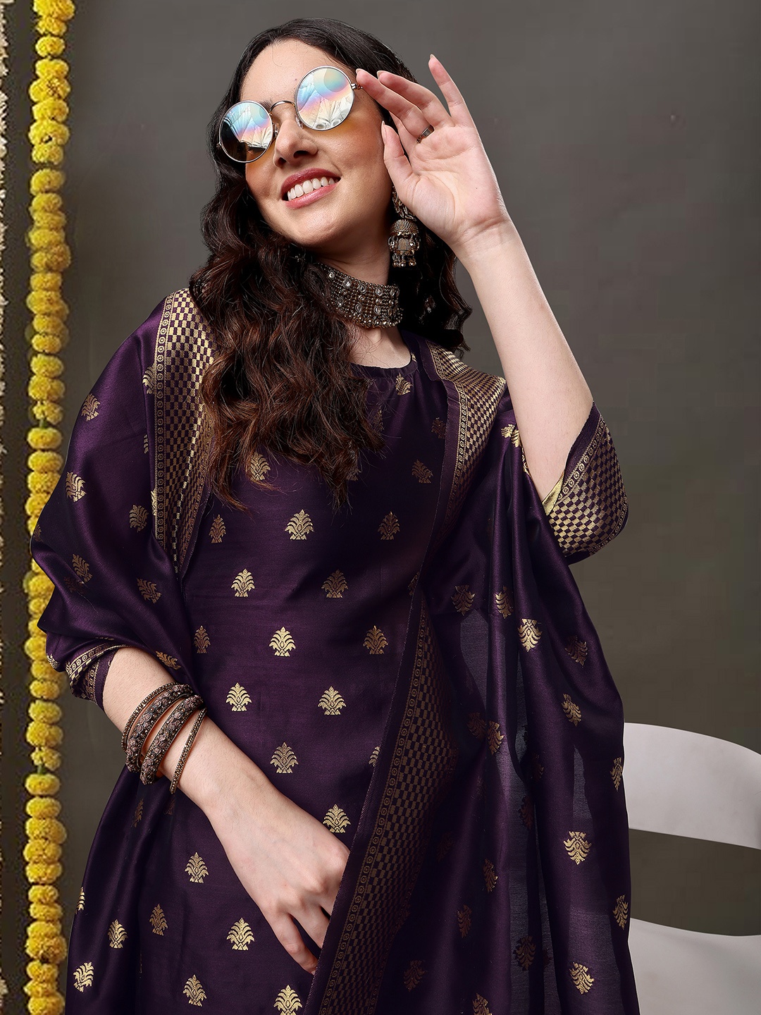 

KALINI Ethnic Motifs Woven Design Kurta With Salwar & Dupatta, Purple