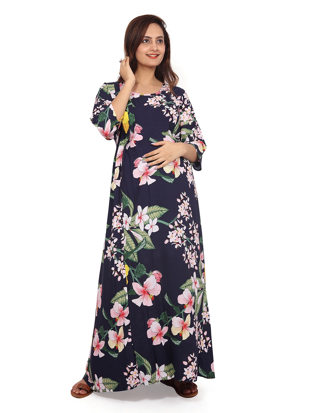 

Baby Moo Floral Printed Pleated Maxi Maternity Dress, Navy blue