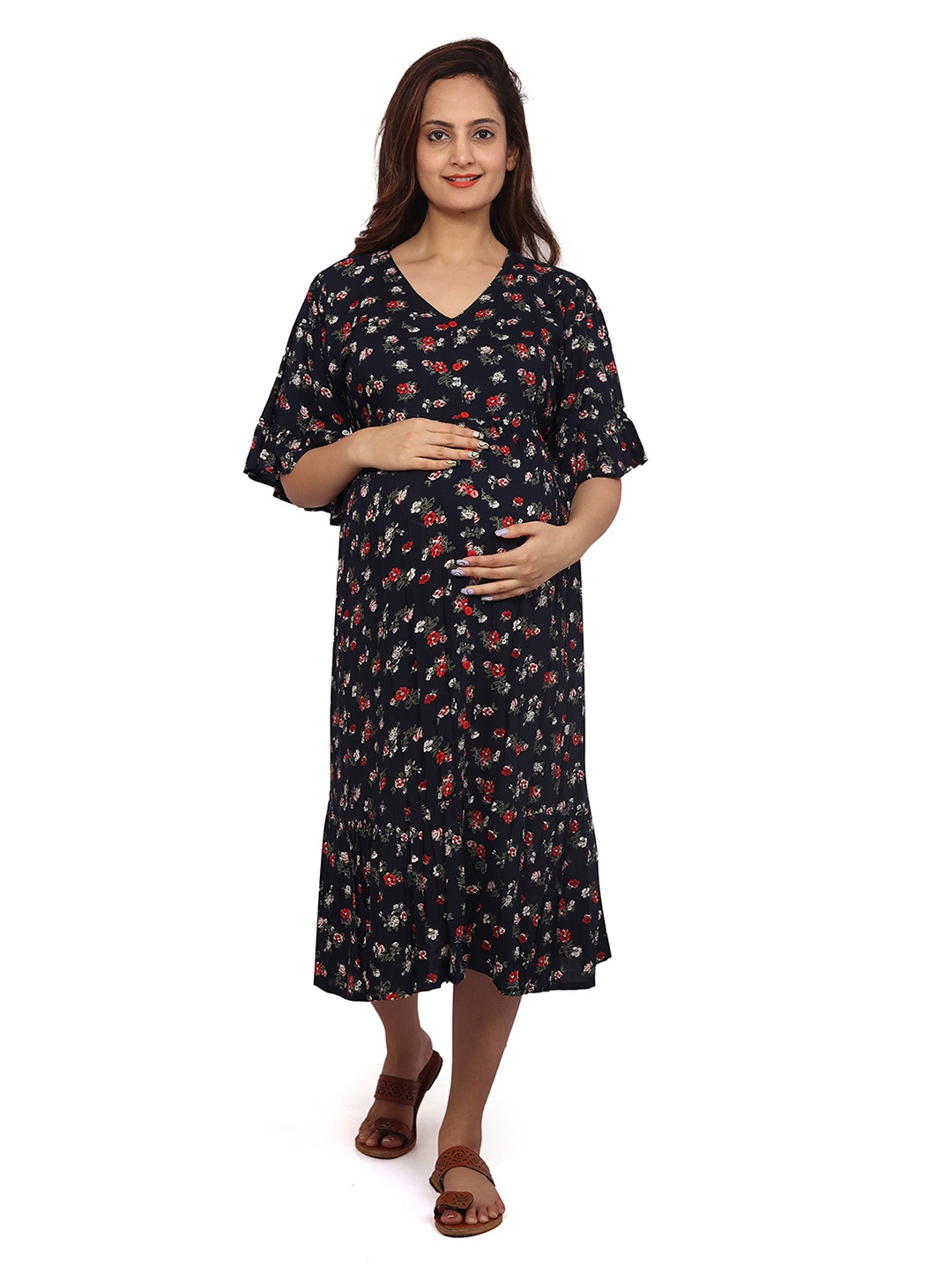 

Baby Moo Floral Printed V-Neck A-Line Maternity Feeding Dress, Blue