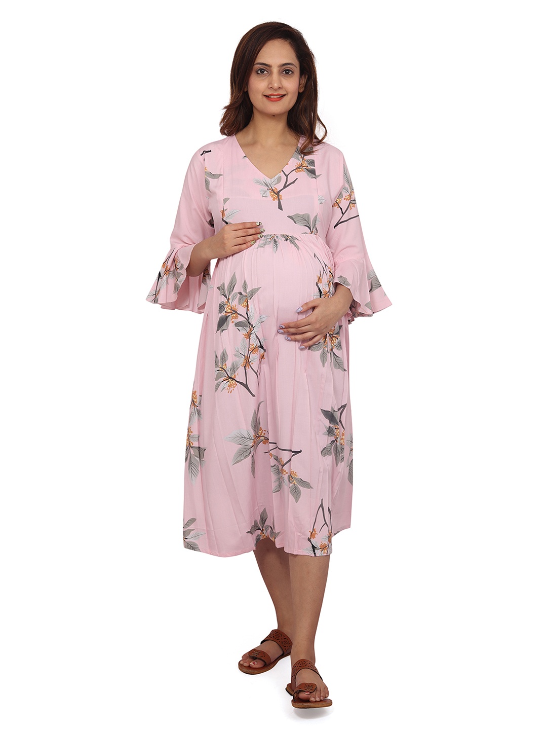 

Baby Moo Floral Printed Bell Sleeves Maternity Chiffon A-Line Midi Dress, Pink