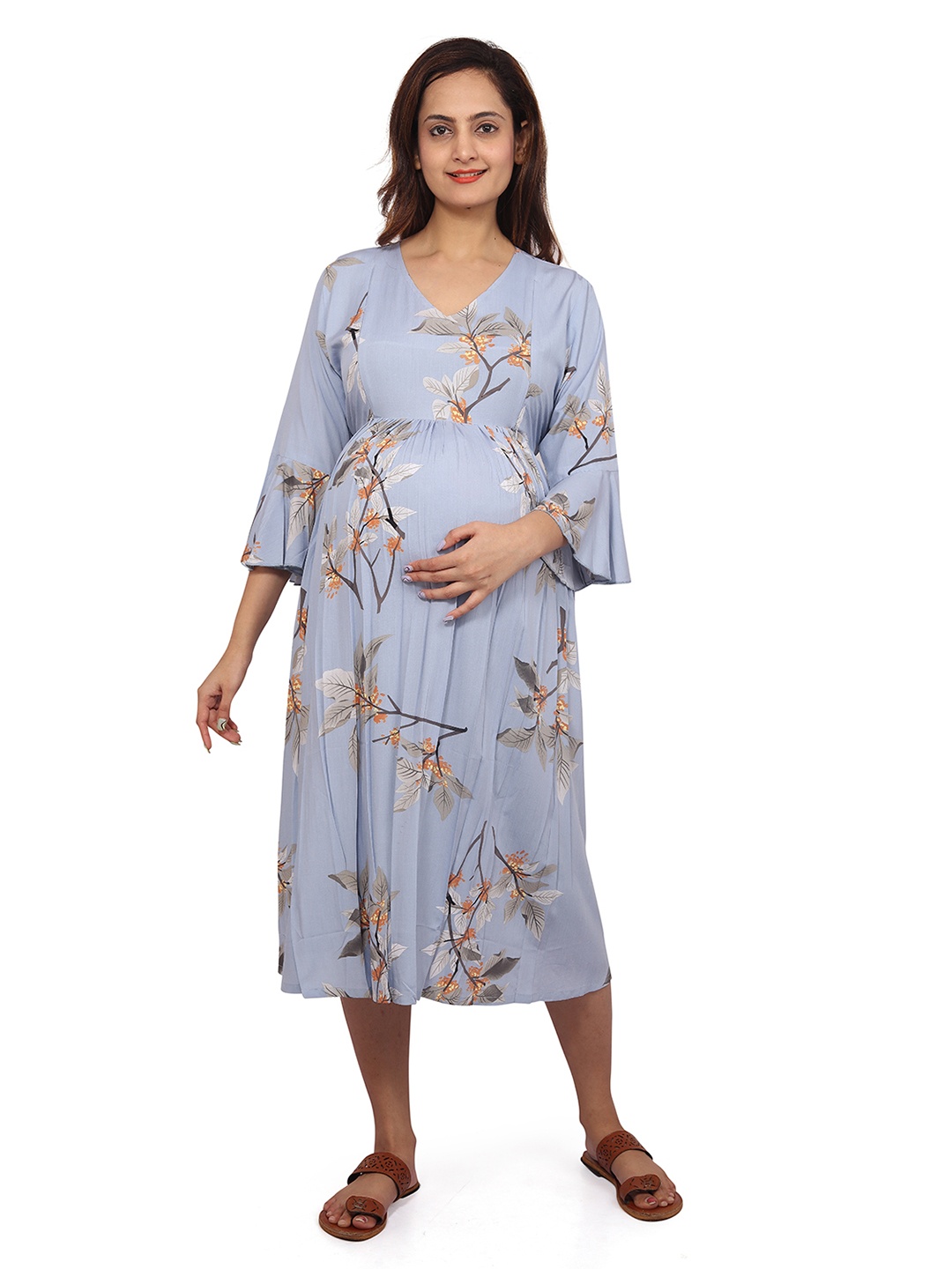 

Baby Moo Floral Printed Bell Sleeves Maternity Fit & Flare Dress, Blue