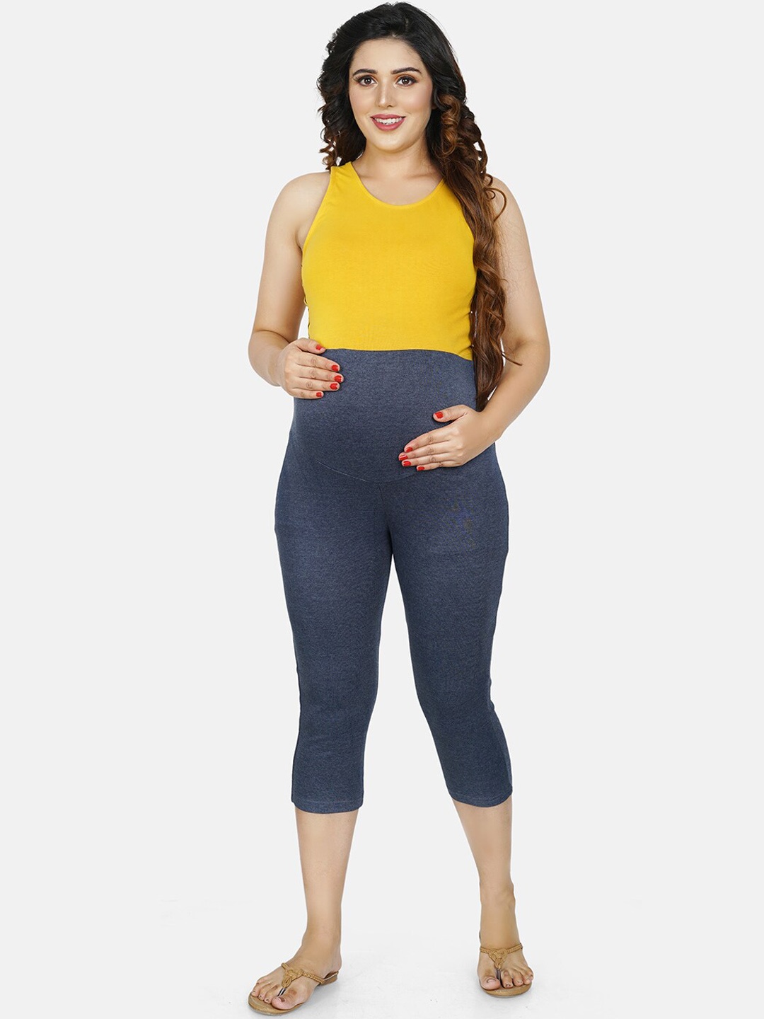 

Baby Moo Women Maternity Three Fourth-Length Cotton Leggings, Blue