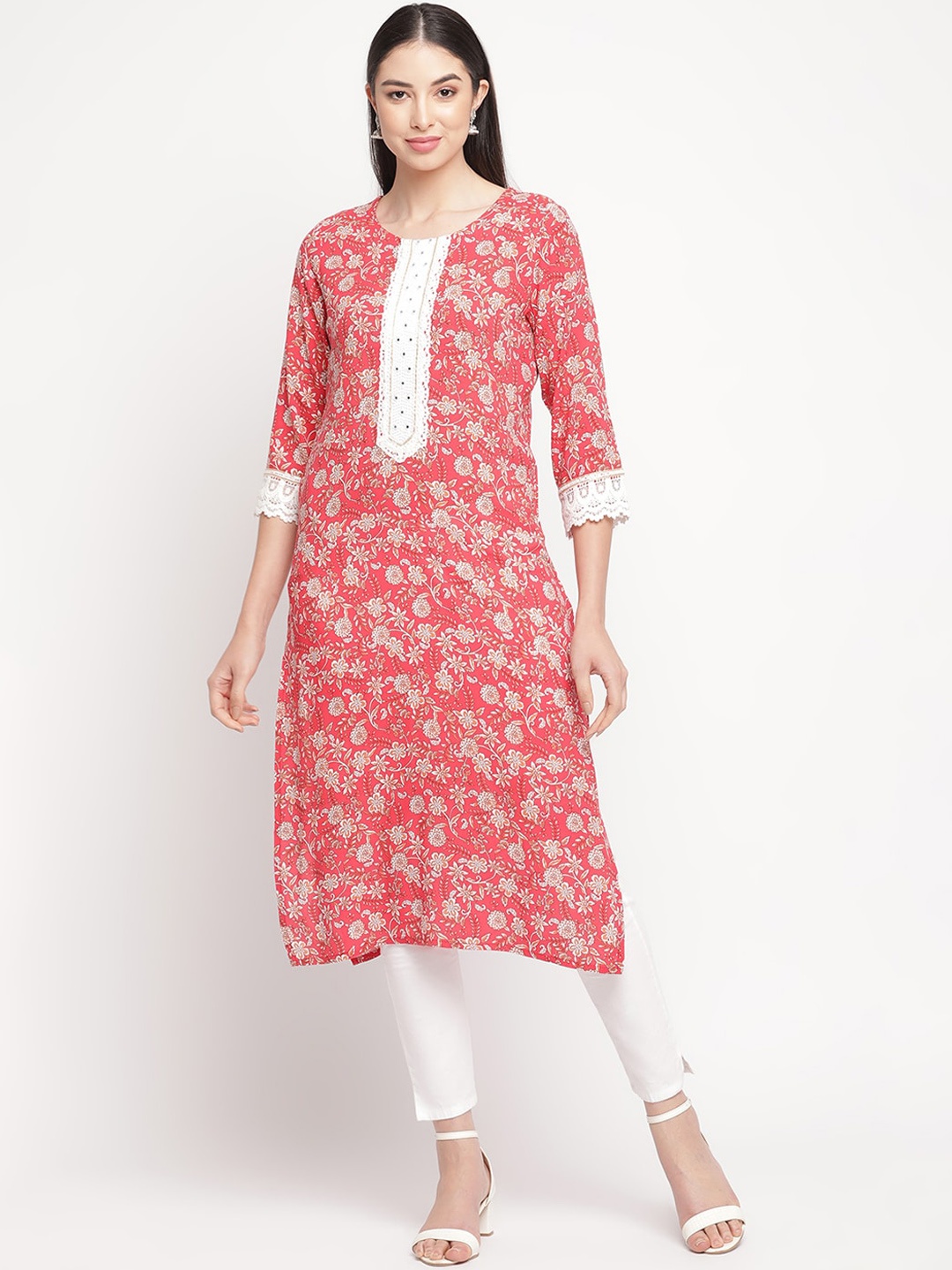 

Be Indi Women Round Neck Floral Straight Side Slits Regular Kurta, Red