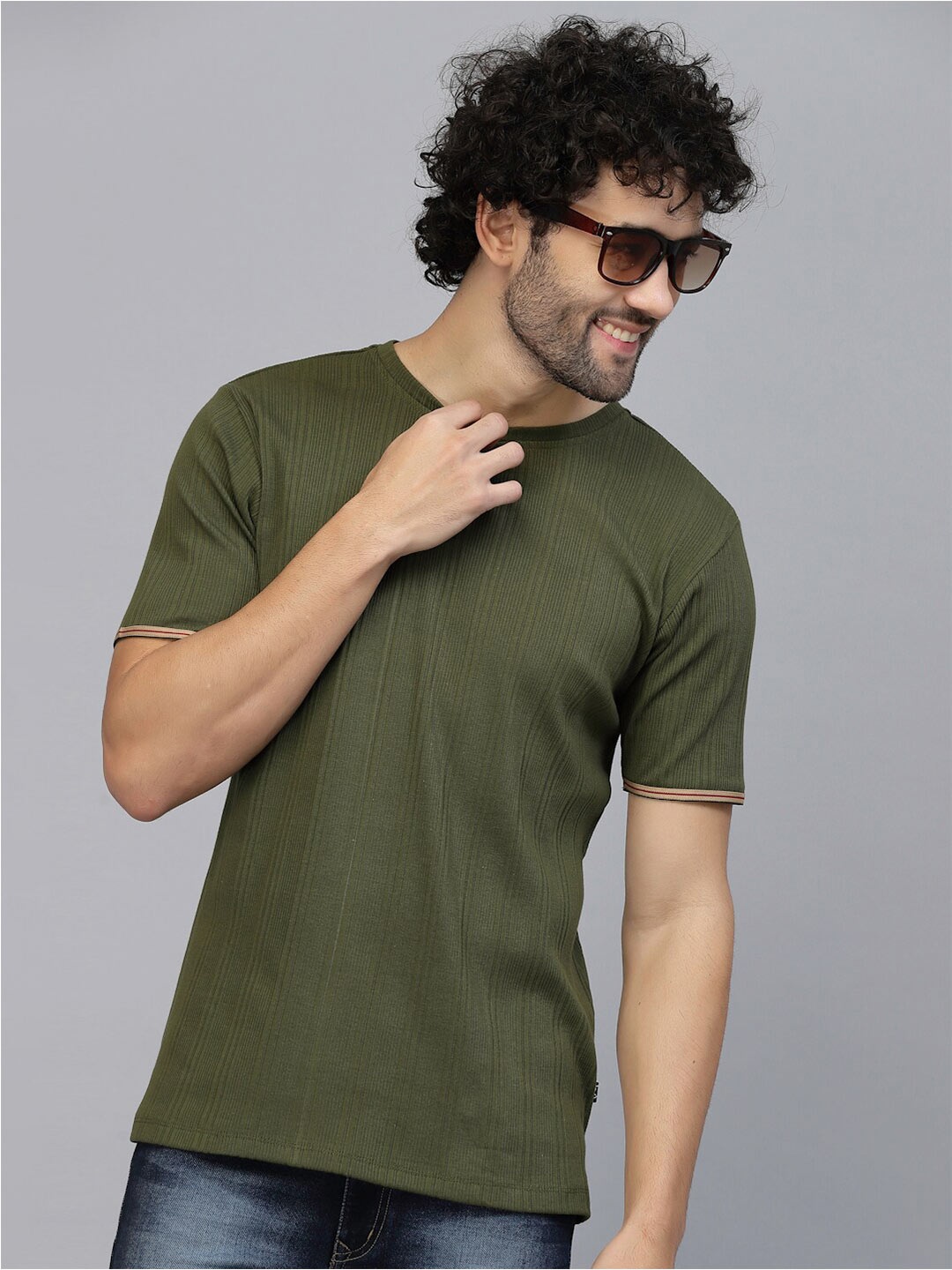 

Rigo Ribbed Round Neck Knitted T-shirt, Olive