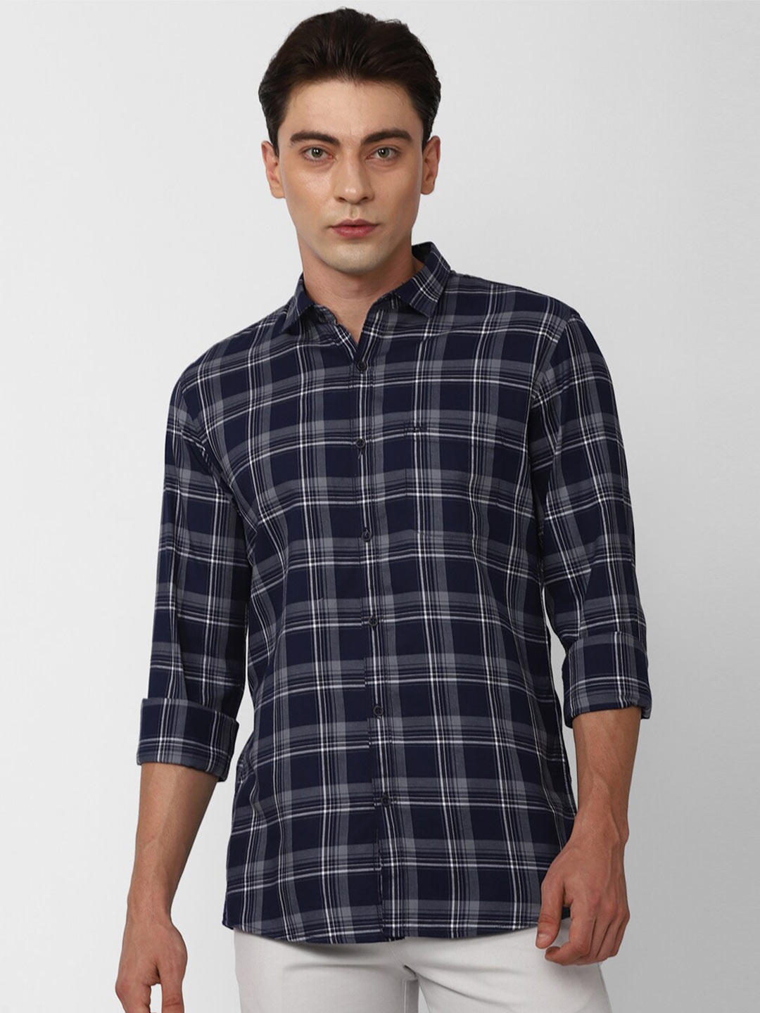 

Peter England Casuals Tartan Checked Slim Fit Pure Cotton Casual Shirt, Navy blue