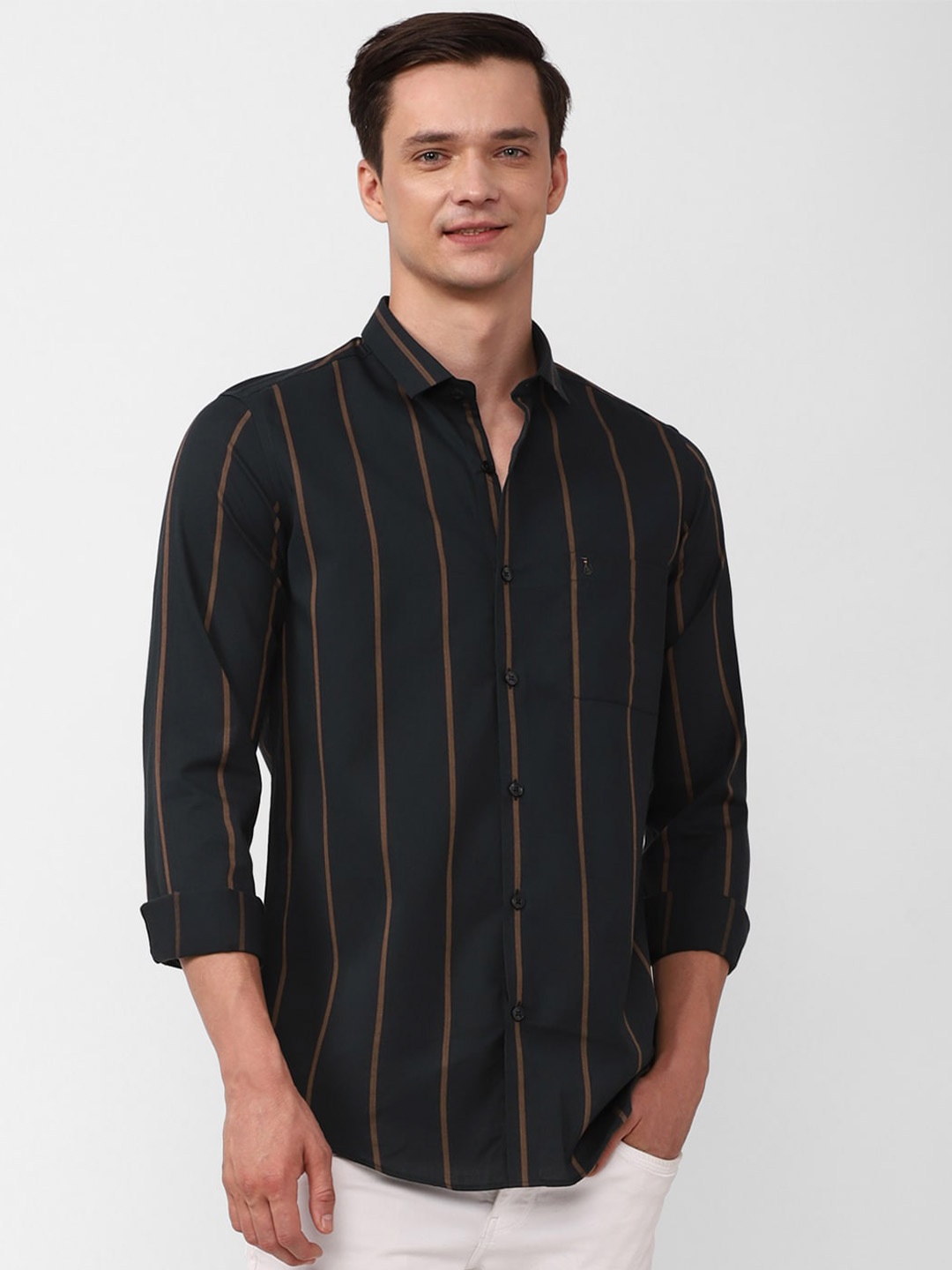 

SIMON CARTER LONDON Striped Slim Fit Cotton Wool Casual Shirt, Green