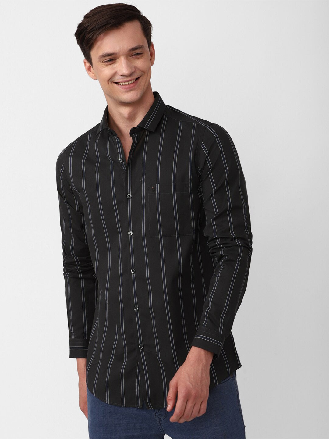 

SIMON CARTER LONDON Vertical Striped Slim Fit Cotton Wool Casual Shirt, Black