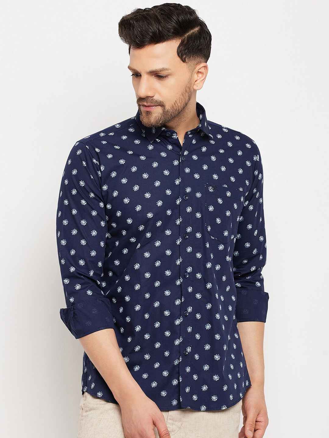 

Duke Slim Fit Opaque Floral Printed Cotton Casual Shirt, Navy blue