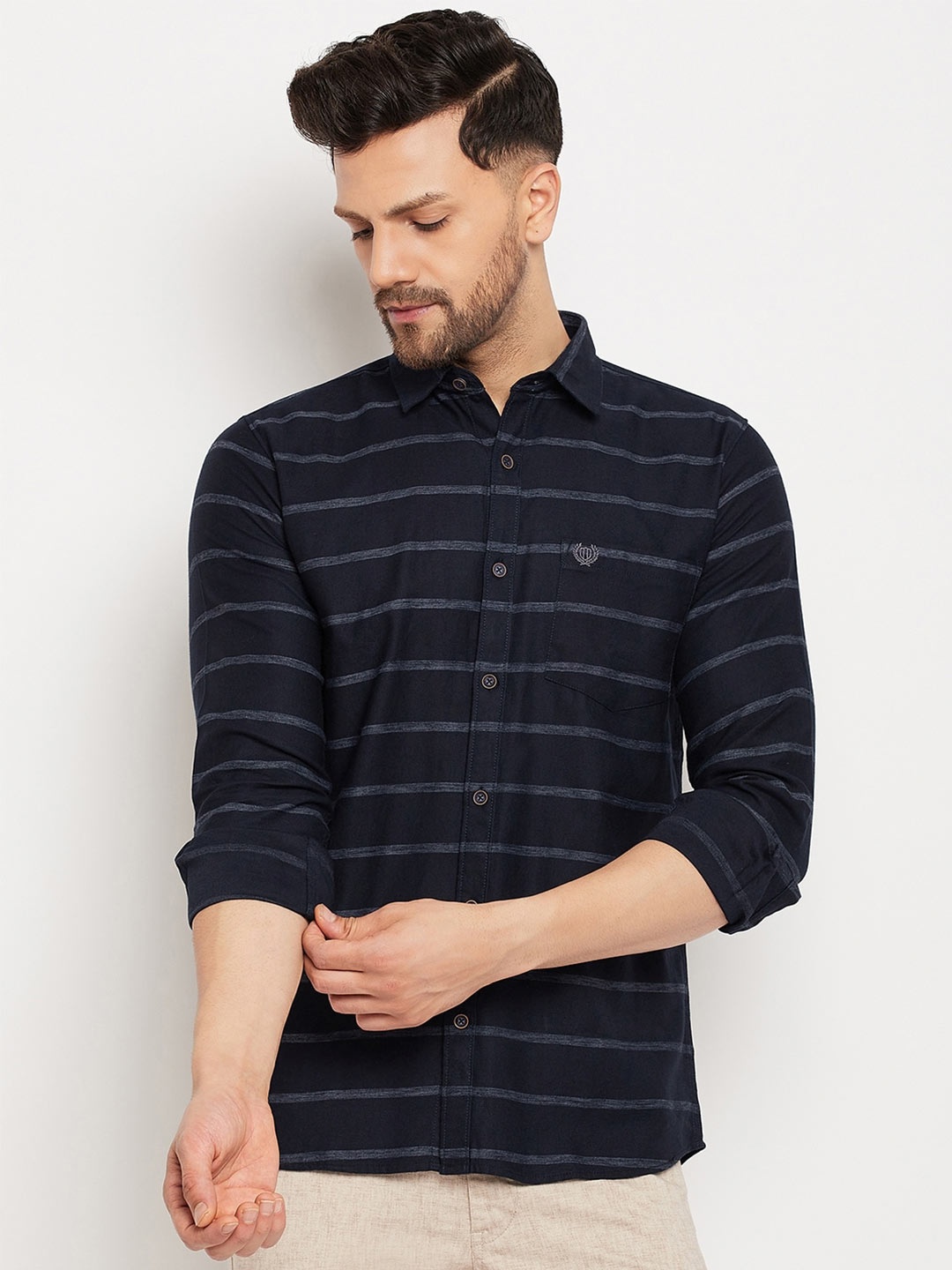 

Duke Slim Fit Horizontal Striped Cotton Casual Shirt, Navy blue