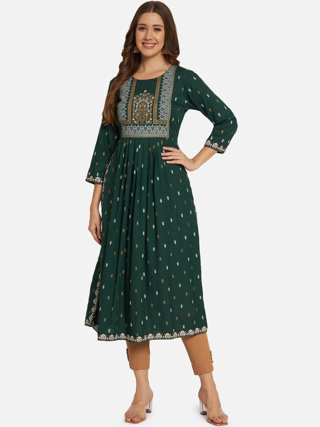 

KALINI Ethnic Motifs Printed Pleated Kurta, Green