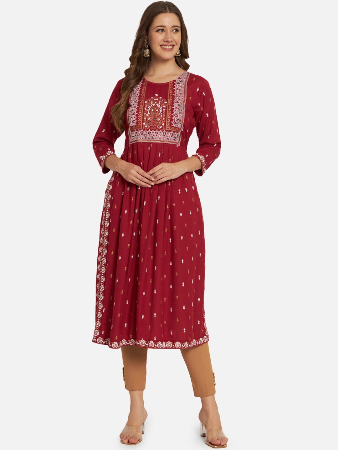 

KALINI Floral Printed Straight Kurta, Maroon