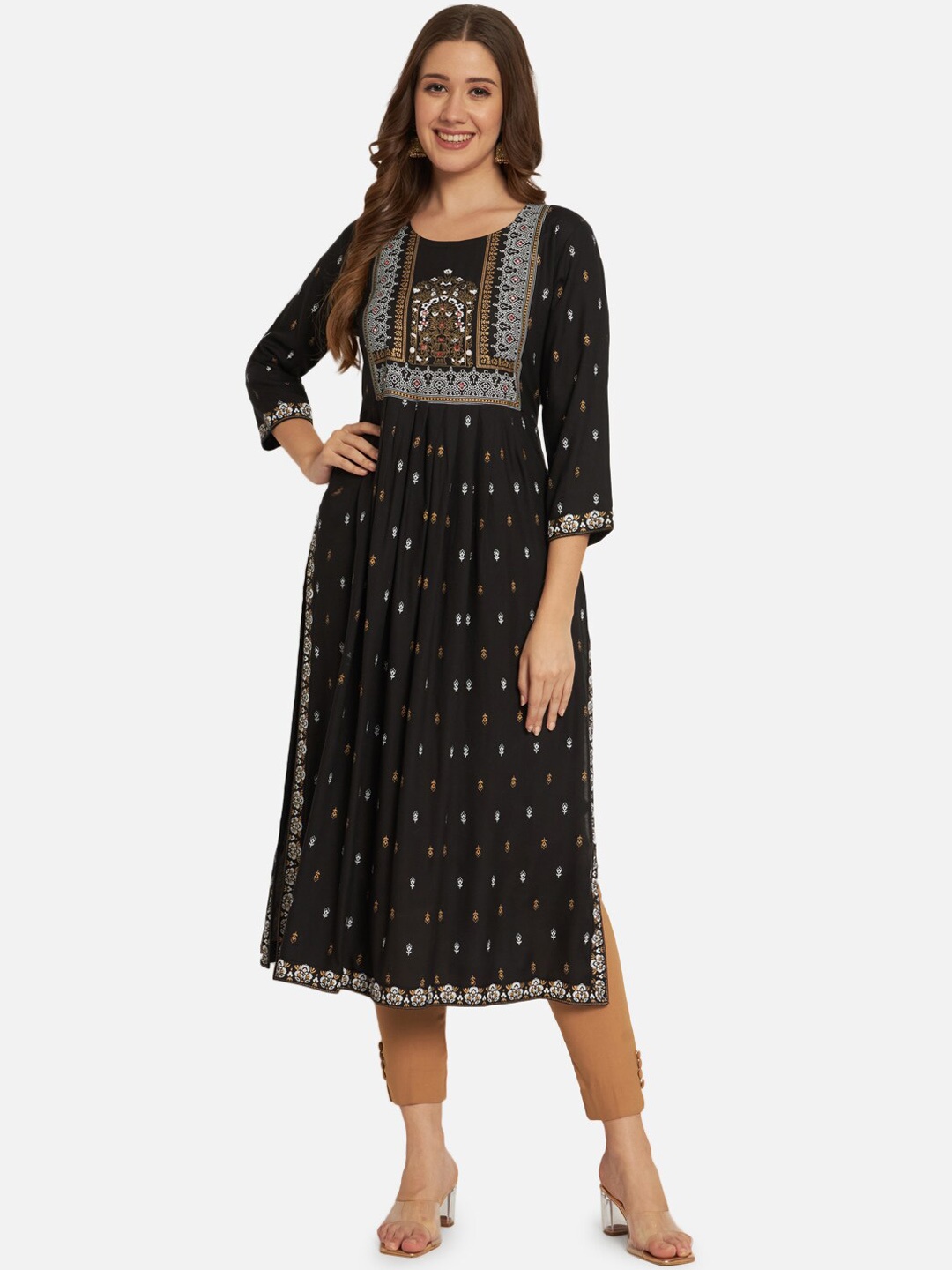 

KALINI Ethnic Motifs Printed Pleated Kurta, Black