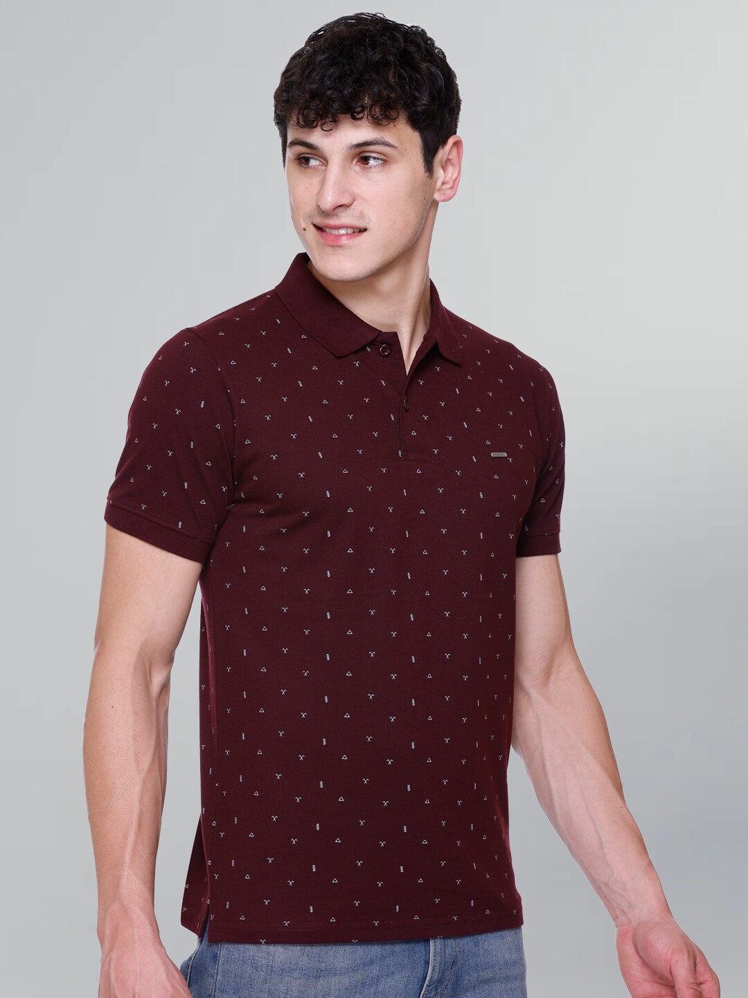 

GODFREY Micro Ditsy Printed Polo Collar Cotton T-shirt, Burgundy