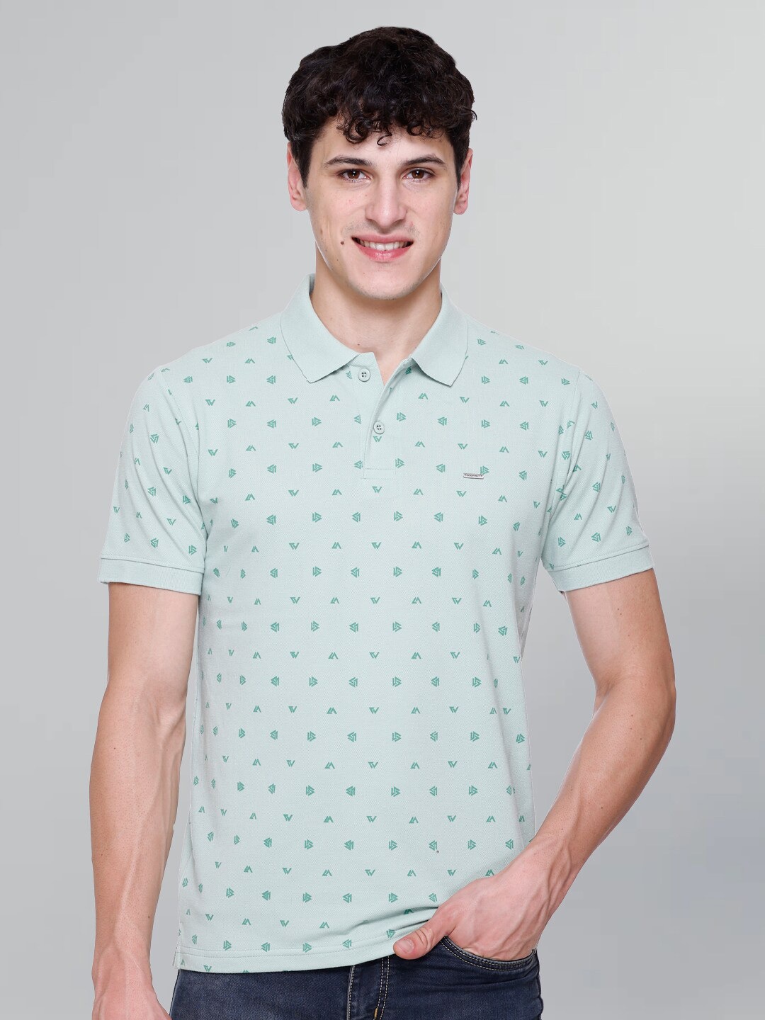 

GODFREY Conversational Printed Polo Collar Cotton T-shirt, Sea green