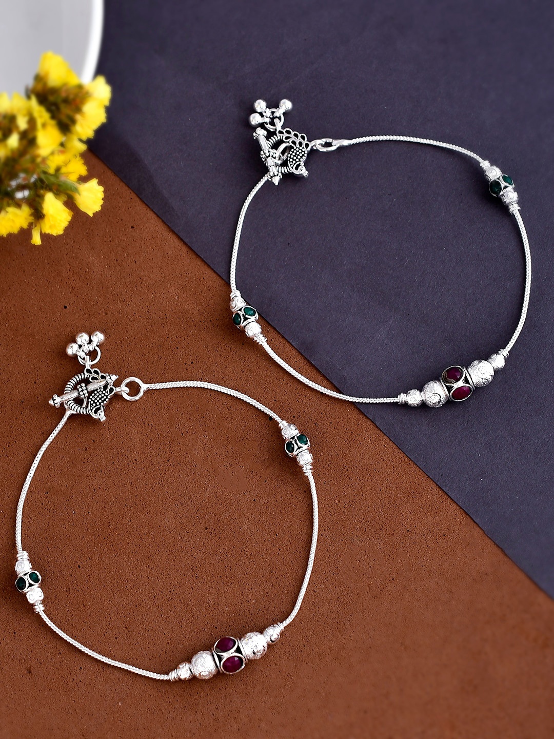 

Shoshaa Silver-Plated Stone-Studded & Beaded Anklets