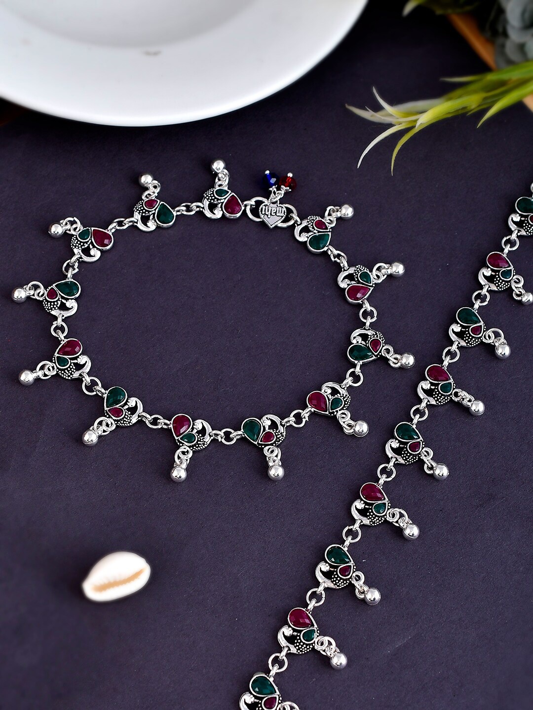 

Shoshaa Set Of 2 Silver-Plated Stone-Studded Anklet
