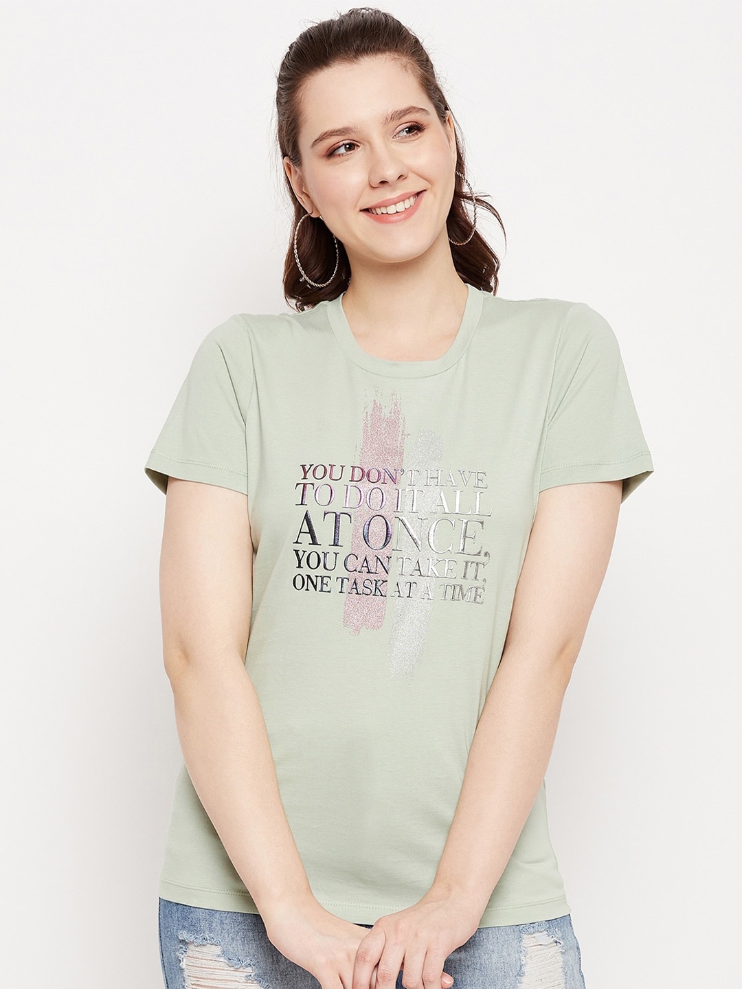 

Madame Typography Print Cotton Top, Sea green