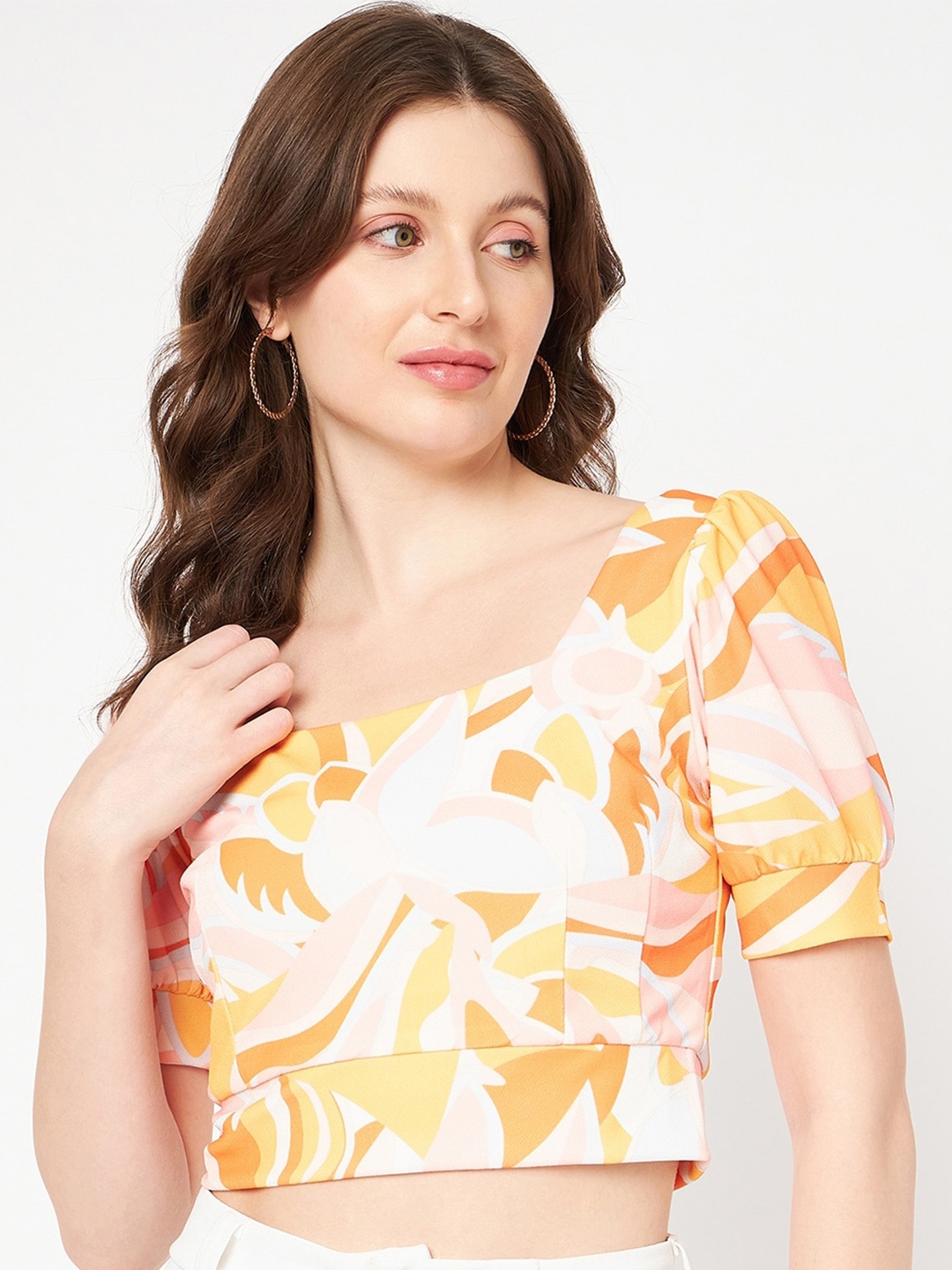 

Madame Abstract Printed Puff Sleeve Crop Top, Orange