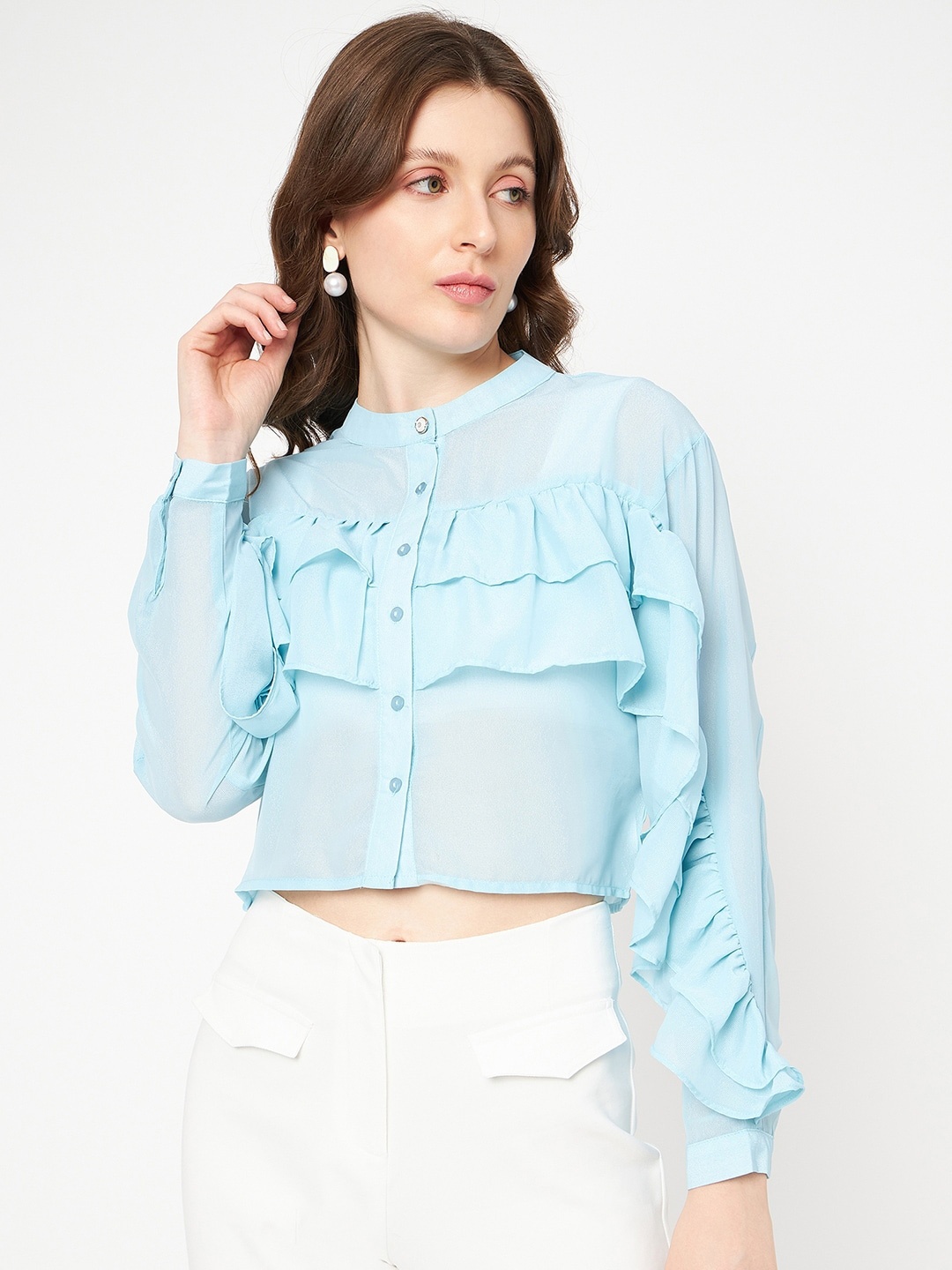 

Madame Band Collar Shirt Style Crop Top, Blue