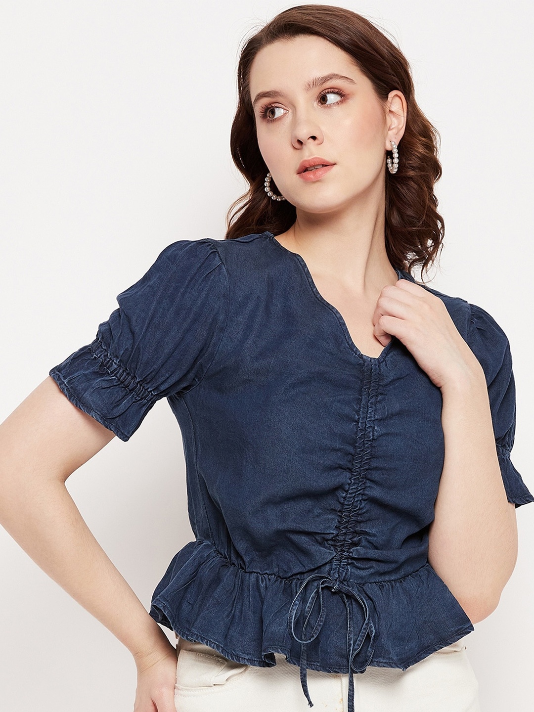 

Madame Ruched Puff Sleeve Cinched Waist Top, Blue