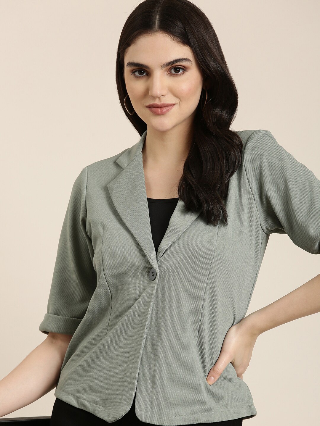

SHOWOFF Notched Lapel Single-Breasted Blazer, Sea green