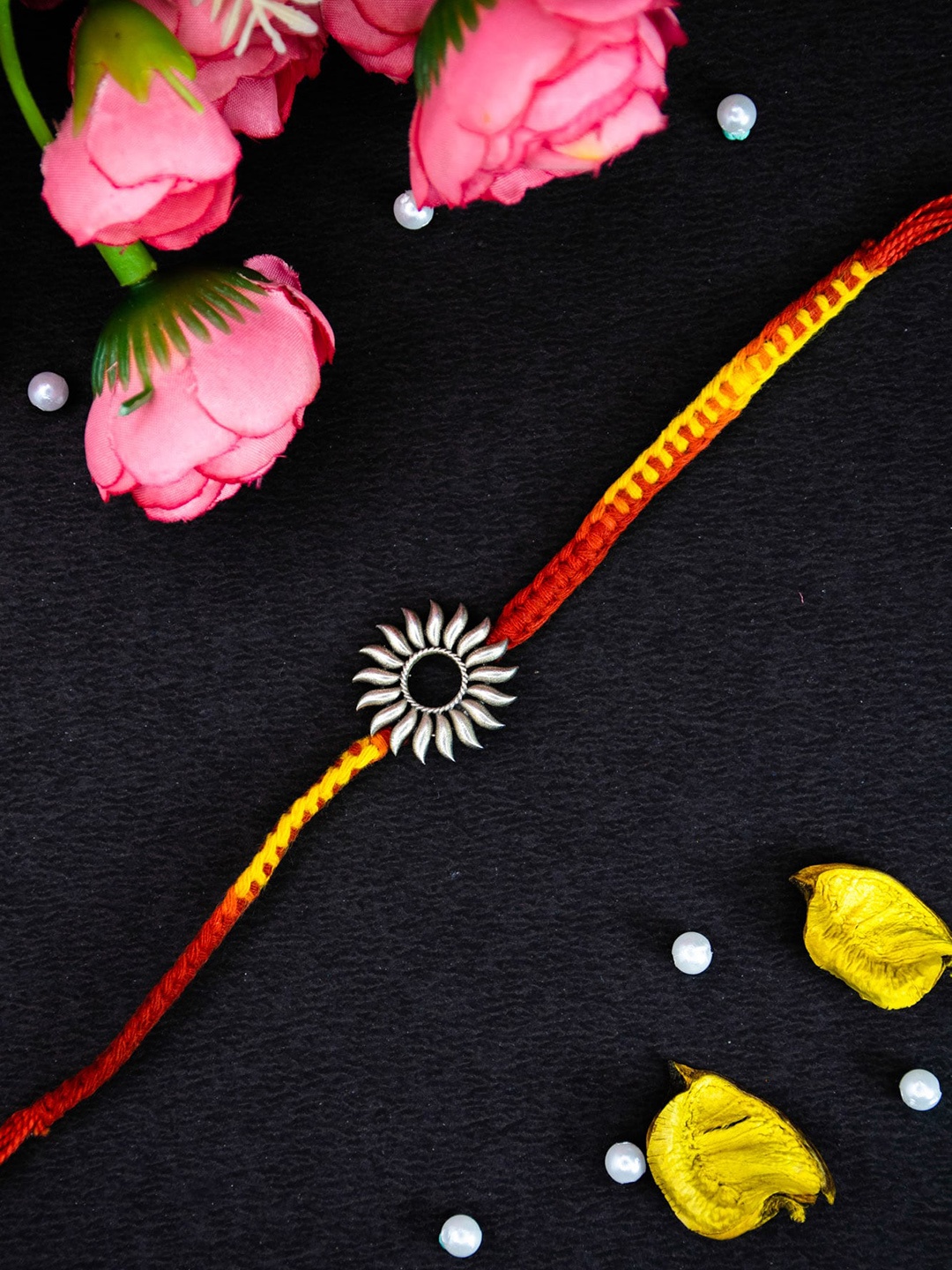 

Arte Jewels Enameled Detail Sunflower Shaped Mauli Rakhi, Silver
