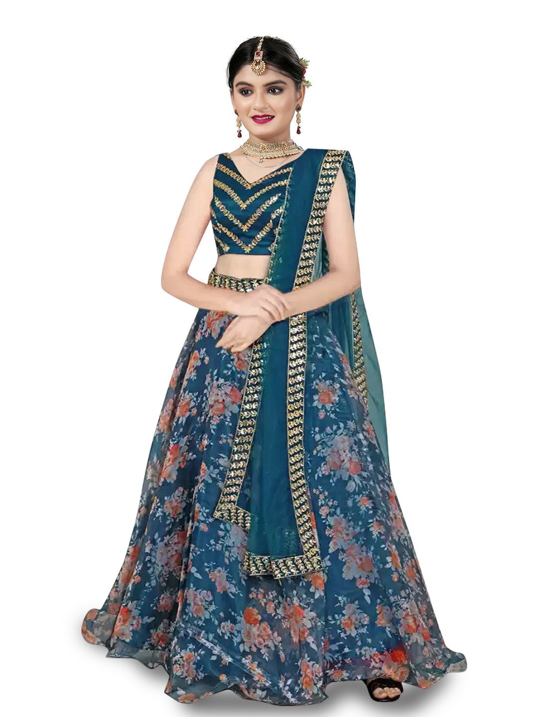 

WTWC FAB Girls Floral Semi-Stitched Lehenga & Unstitched Blouse With Dupatta, Blue