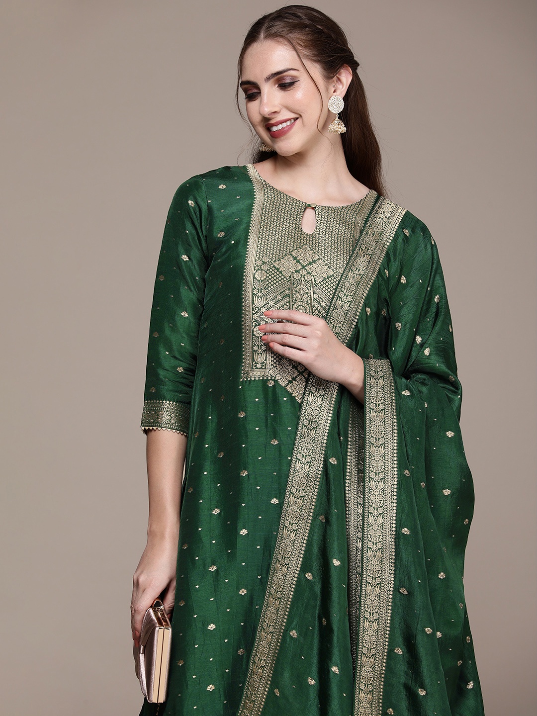 

Anouk Women Regular Sequinned Kurta with Trousers & With Dupatta, Green