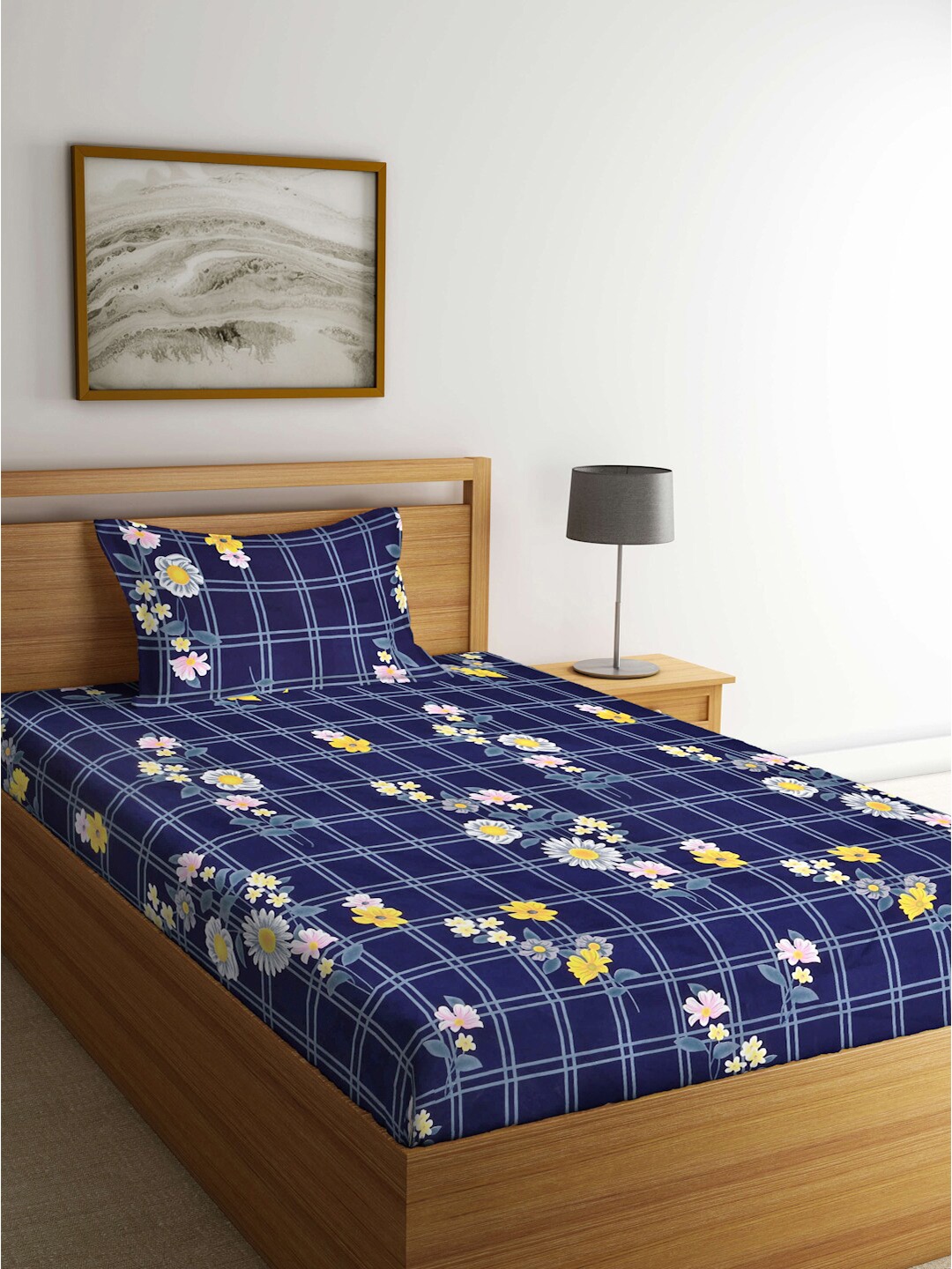 

FABINALIV Blue & Yellow Floral Fitted 300 TC Single Bedsheet With 1 Pillow Cover