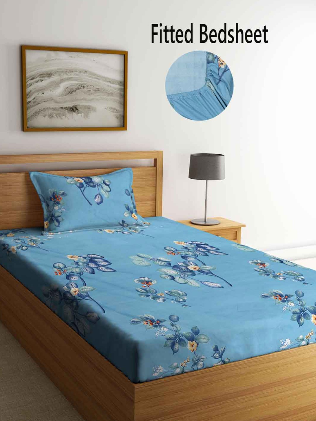 

FABINALIV Blue & Orange Floral Fitted 300 TC Single Bedsheet With 1 Pillow Cover