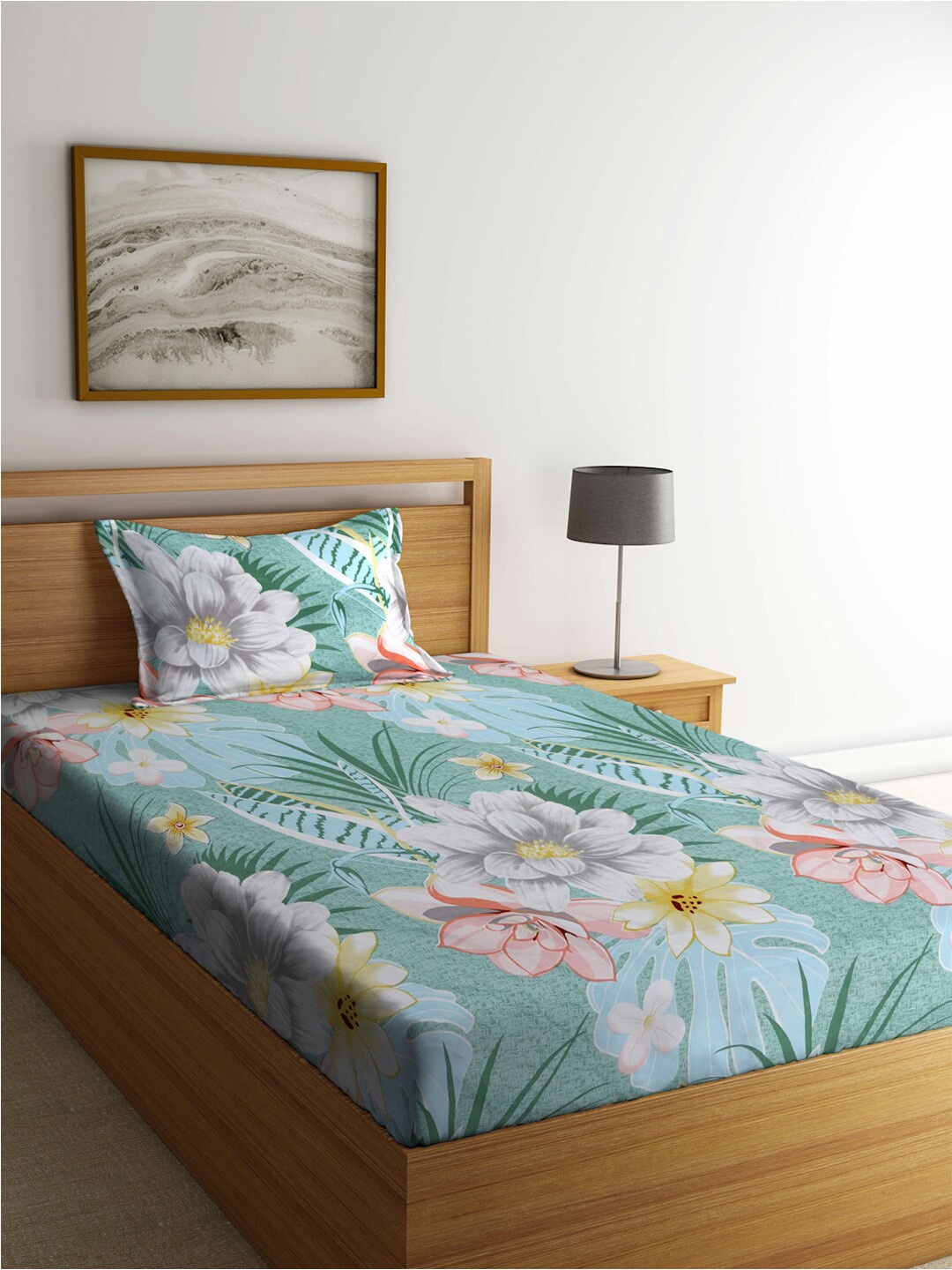 

FABINALIV Green & White Floral Fitted 300 TC Single Bedsheet With 1 Pillow Cover