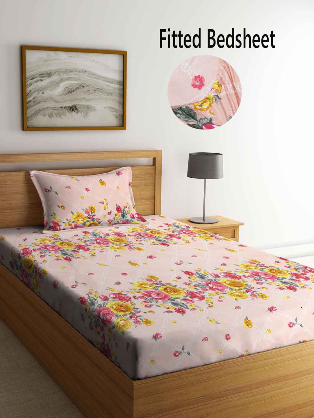 

FABINALIV Peach-Coloured & Red Floral Fitted 300 TC Single Bedsheet With 1 Pillow Cover