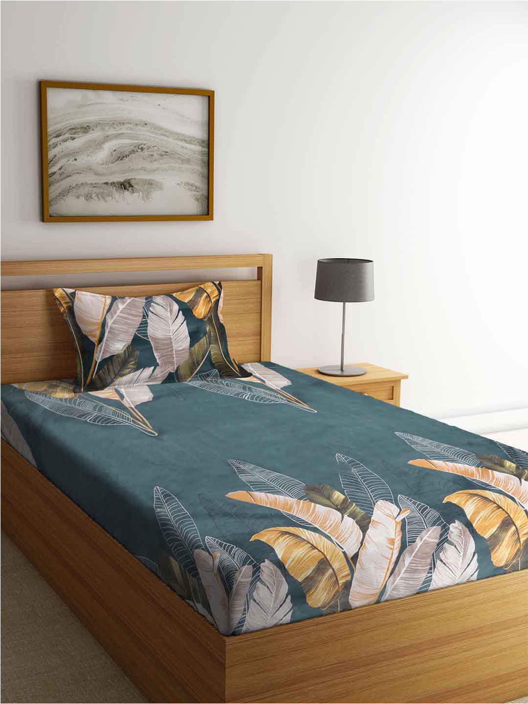 

FABINALIV Grey & Teal Floral Fitted 300 TC Single Bedsheet With 1 Pillow Cover